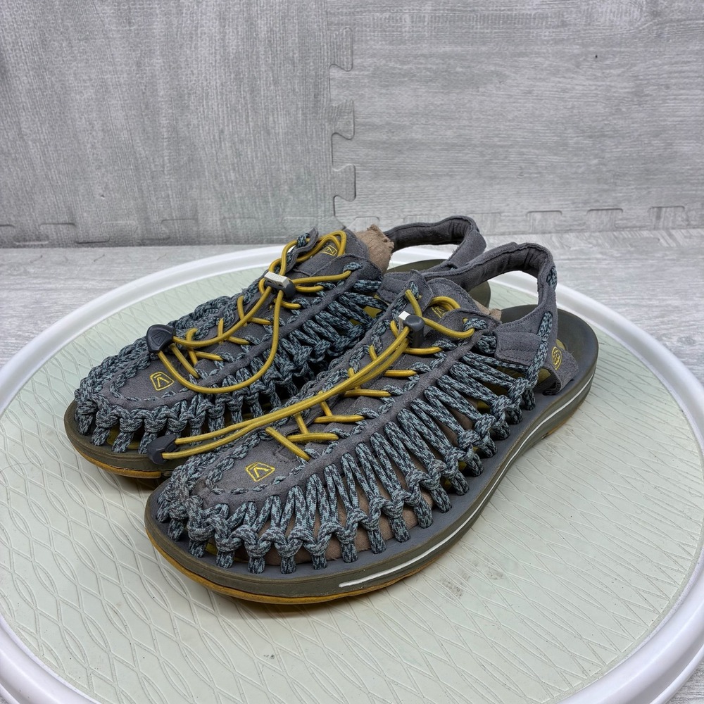 KEEN Uneek Sandals Mens 11.5 Gray Yellow Cord Braided Hiking Shoes 1014622